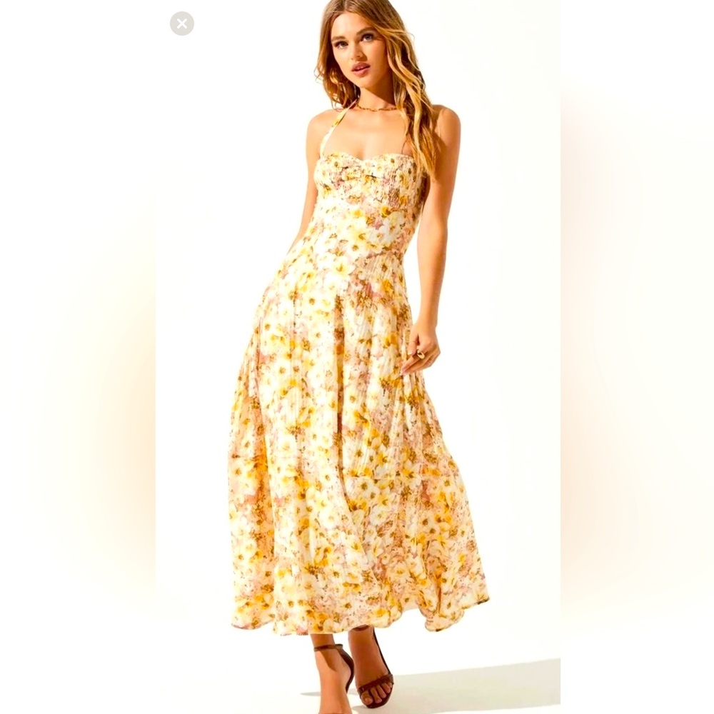 ASTR | Mariella Floral Lined Maxi Dress | Taupe/Yellow Large
